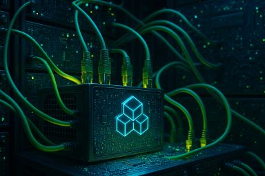 A glowing blue cube symbol on a dark device