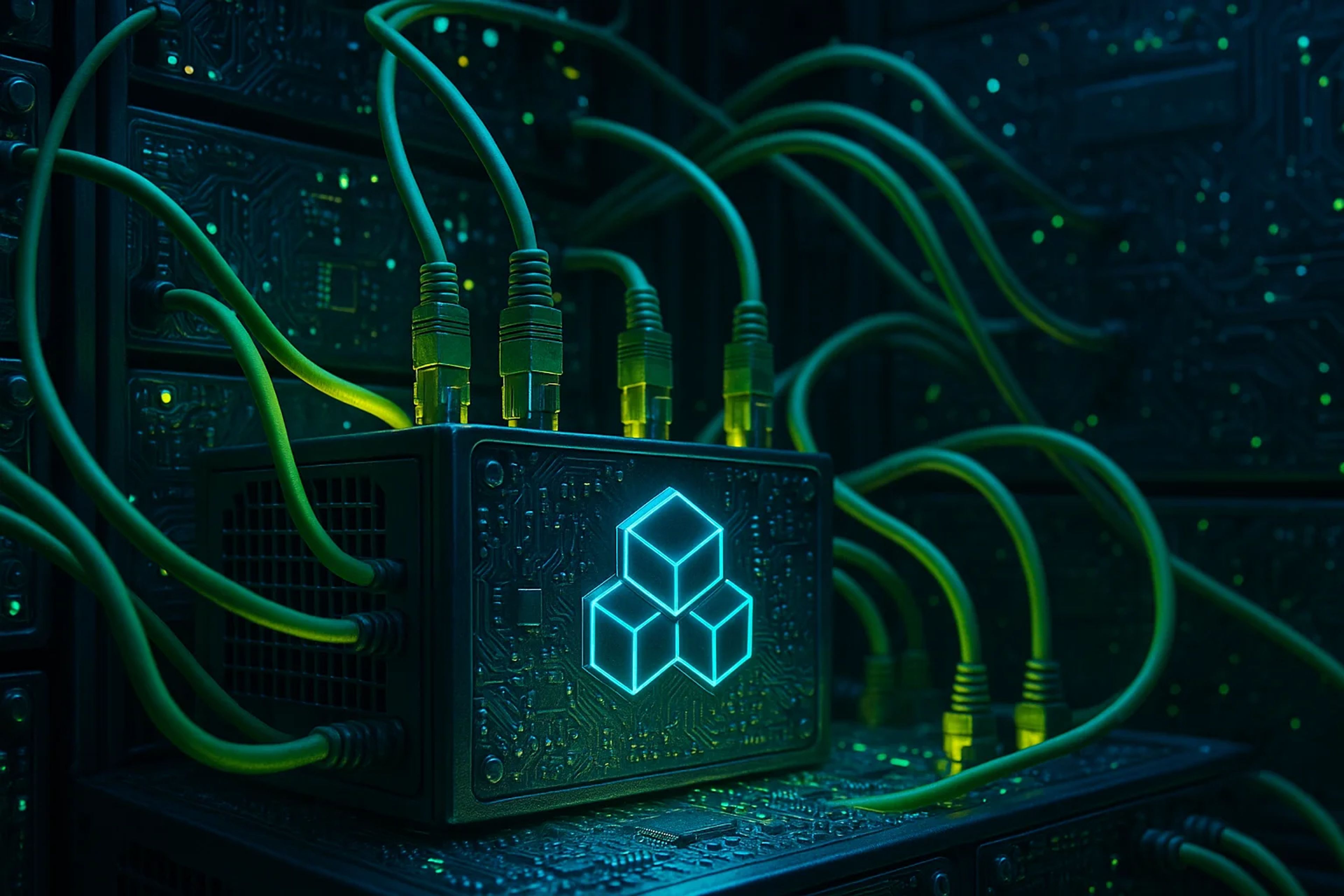 A glowing blue cube symbol on a dark device