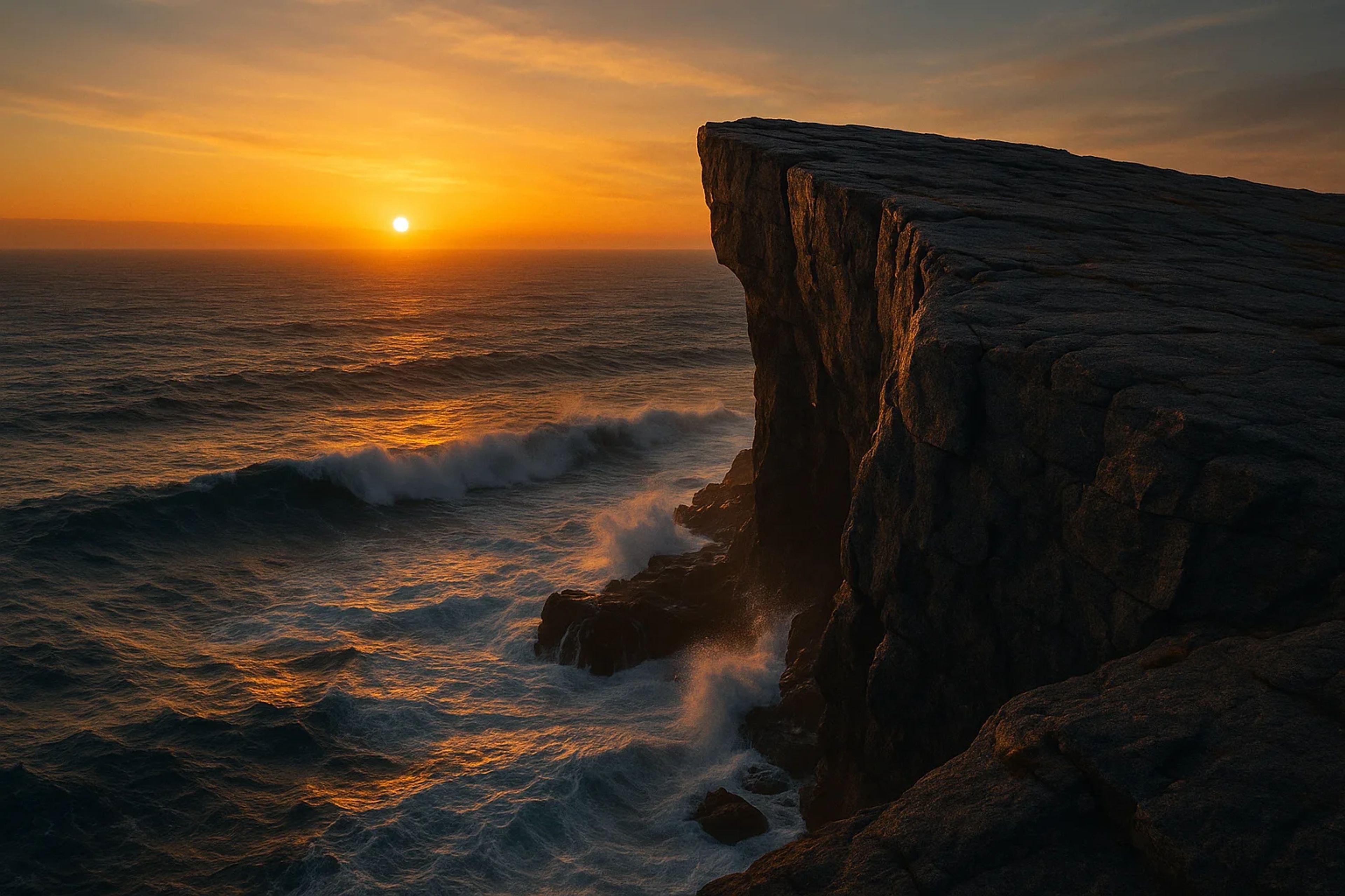 Sunset over a rocky cliff with ocean waves