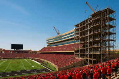 Crowd in red shirts at a stadium under blue sky