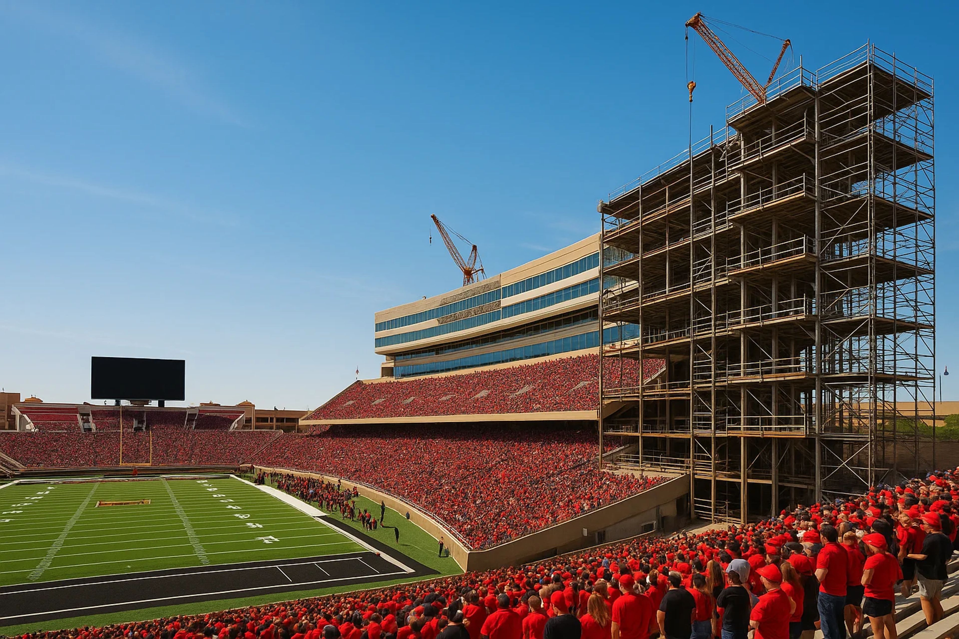 Crowd in red shirts at a stadium under blue sky