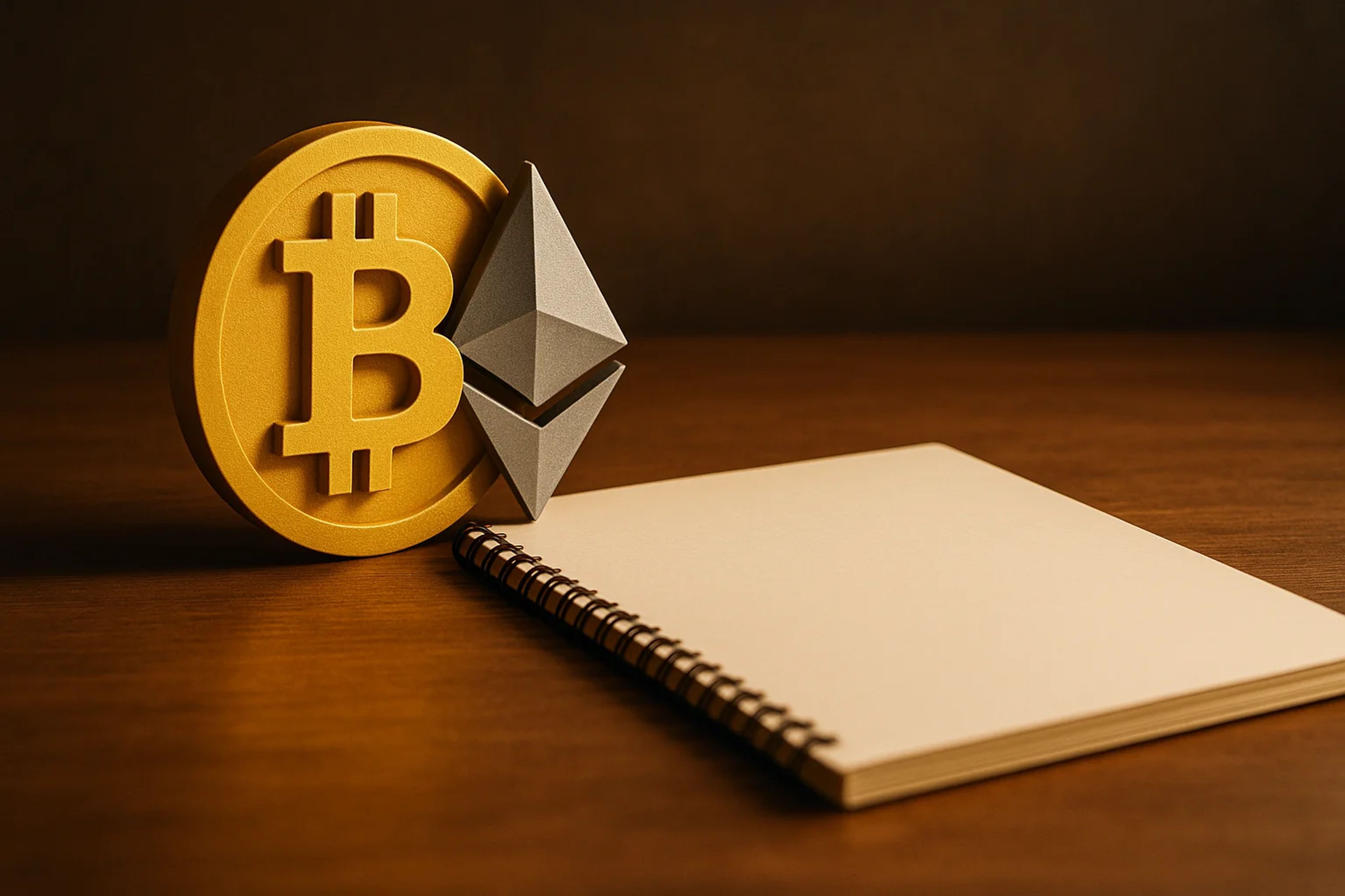 Gold Bitcoin and gray Ethereum symbols beside a