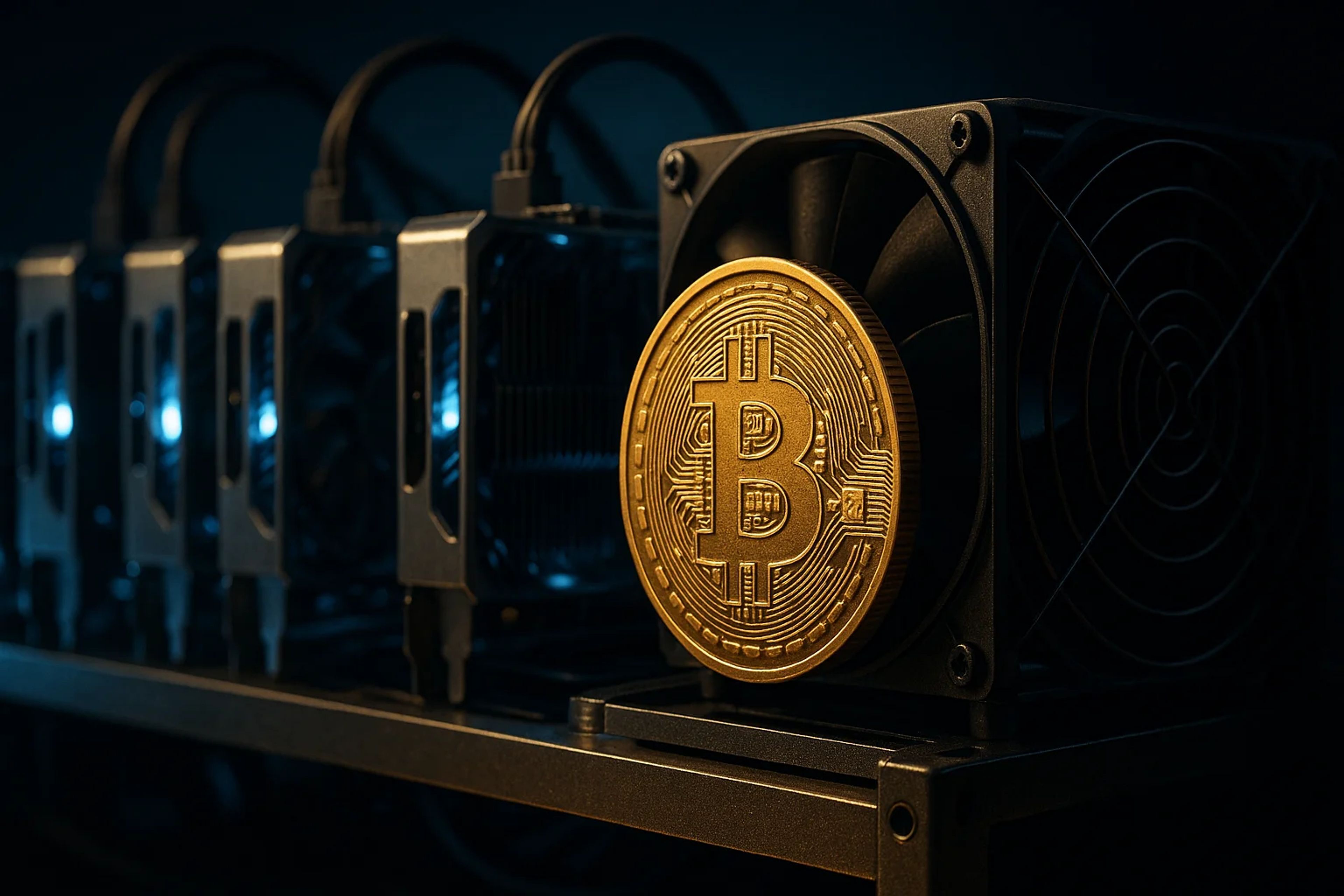 A golden Bitcoin in front of multiple computer