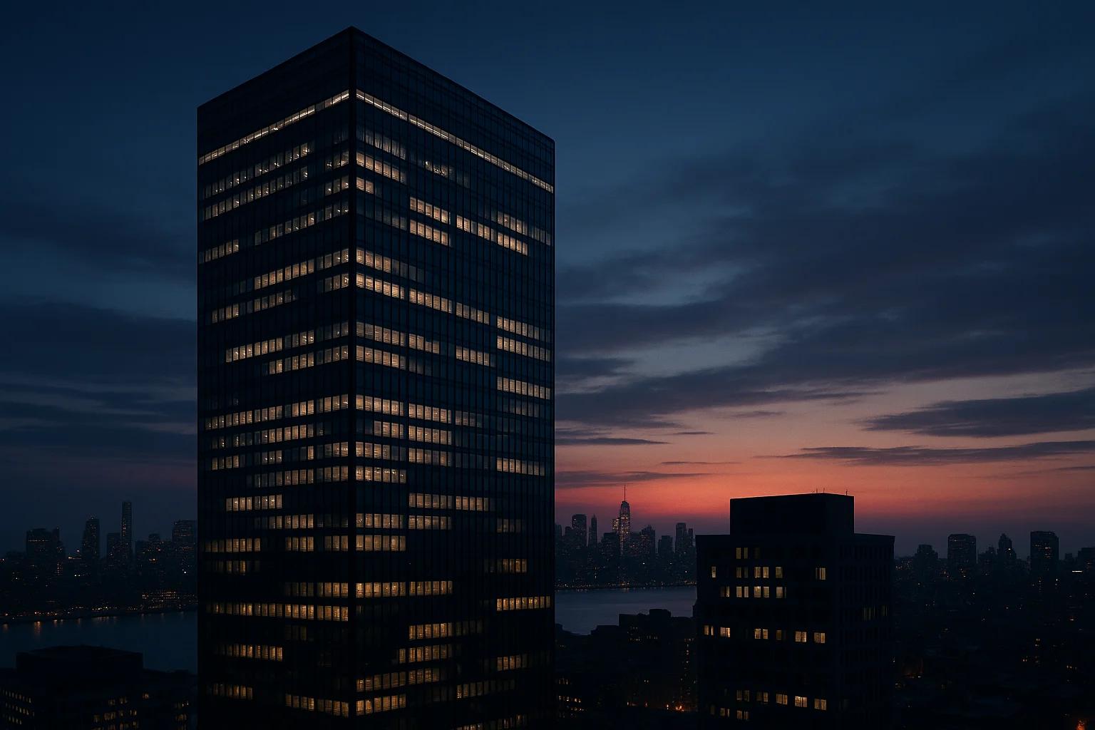 Tall building illuminated against a twilight sky