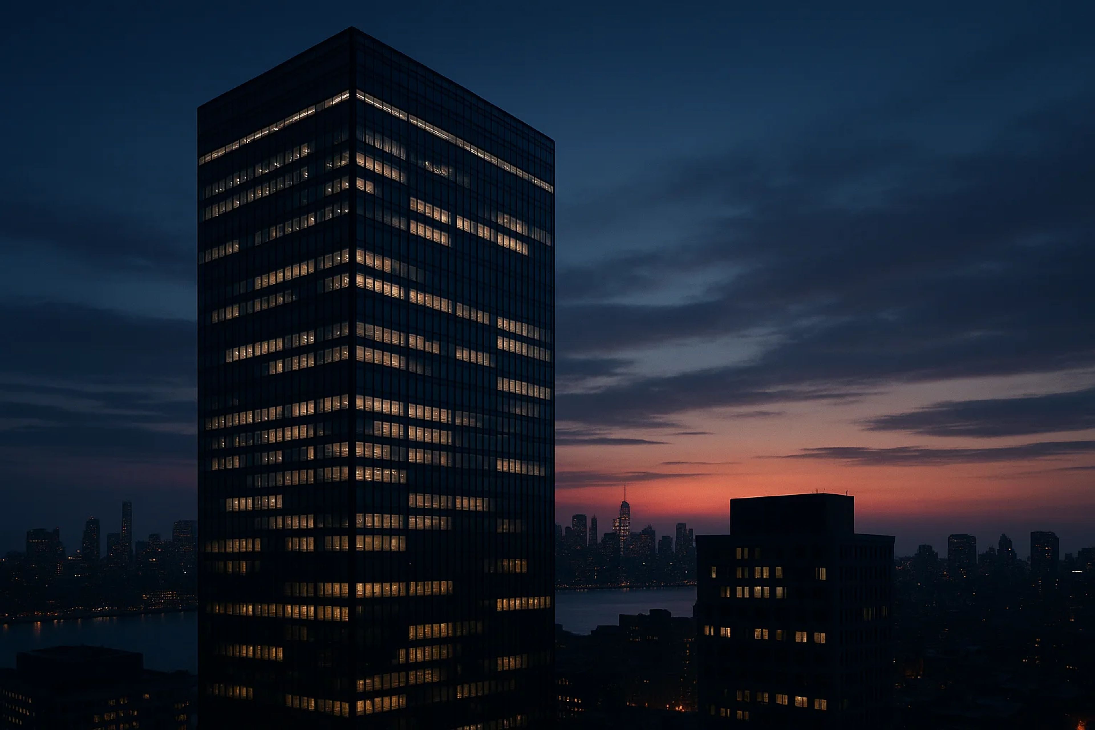 Tall building illuminated against a twilight sky
