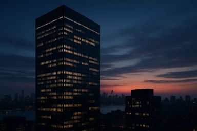 Tall building illuminated against a twilight sky