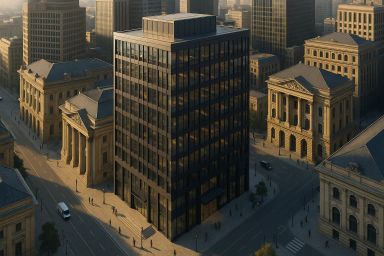 Modern glass building surrounded by classic