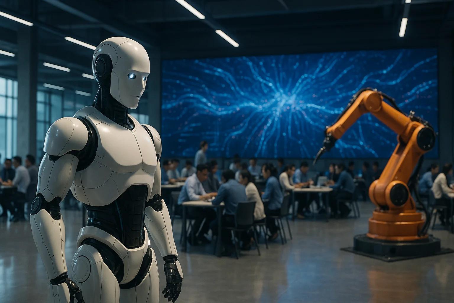 A humanoid robot stands in a modern workspace