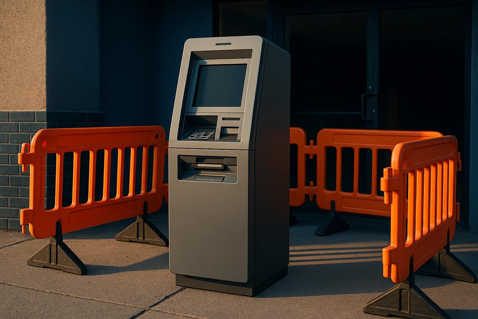 An ATM surrounded by orange construction barriers