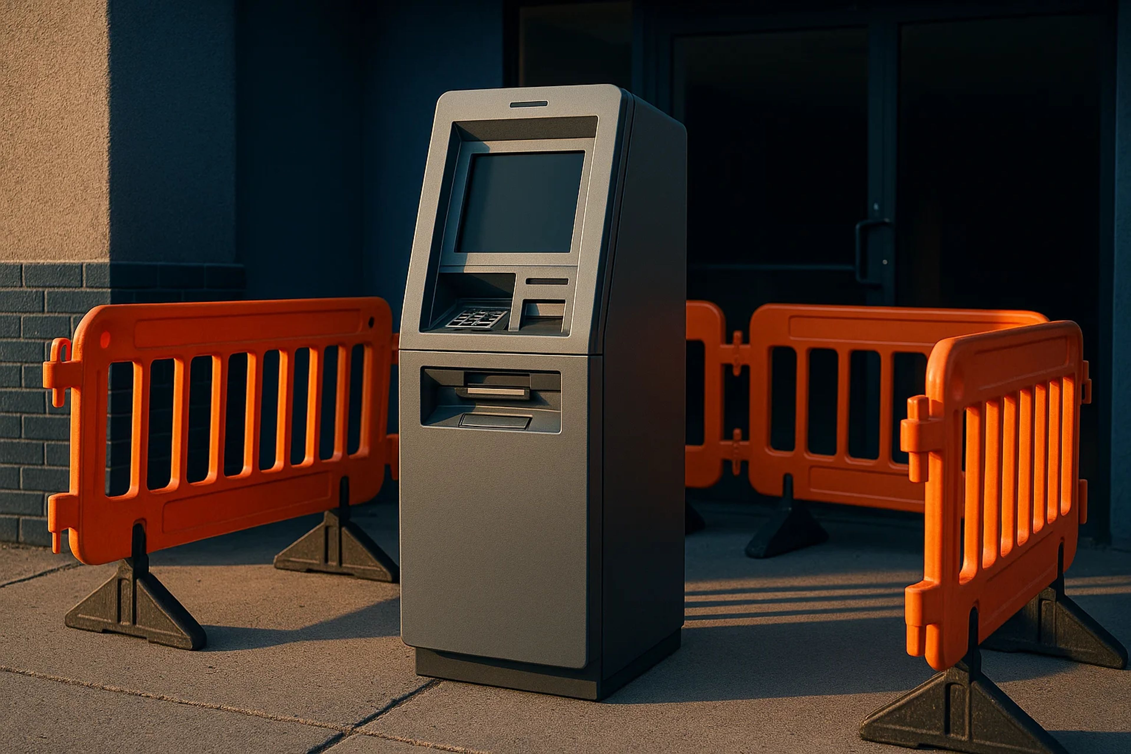 An ATM surrounded by orange construction barriers