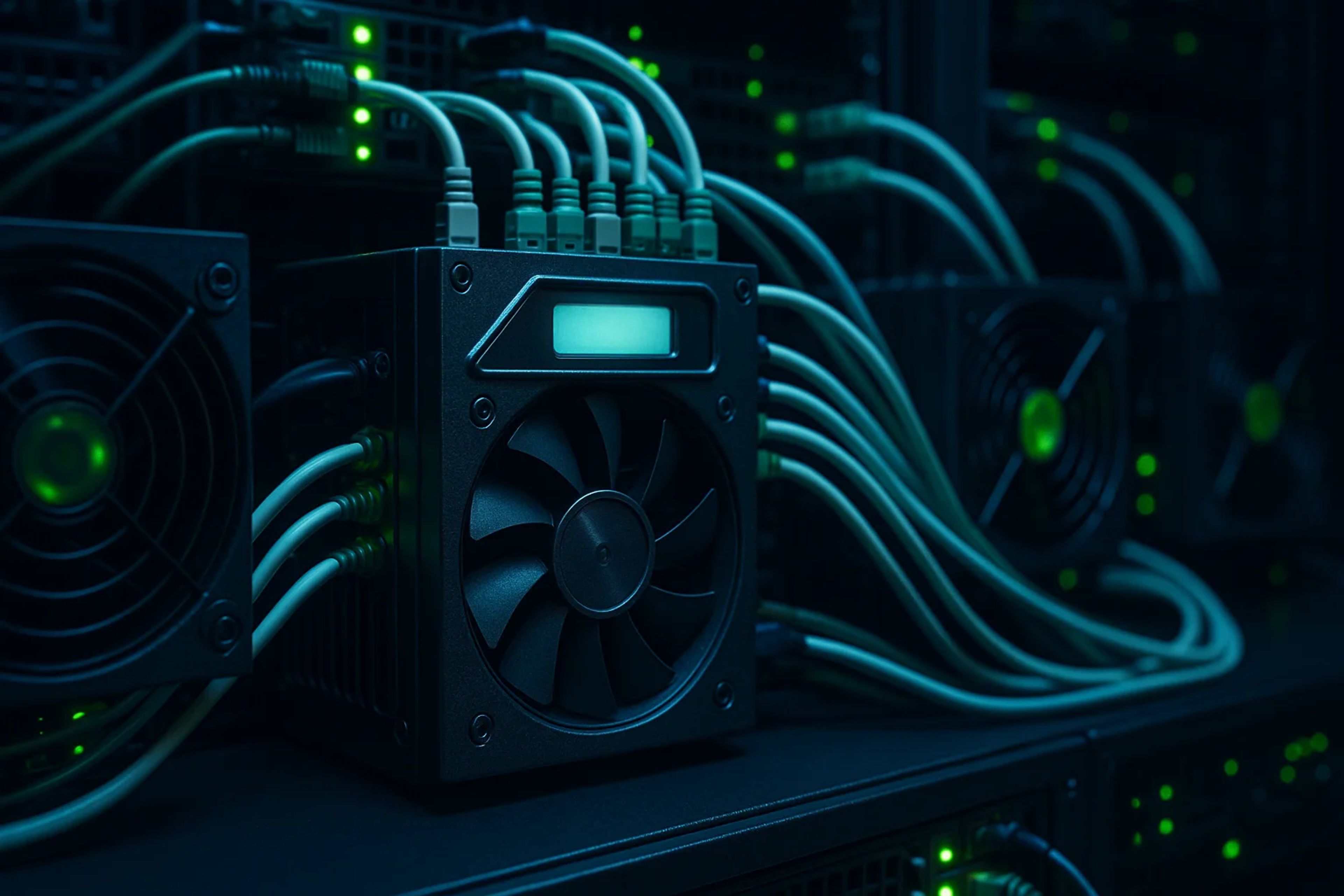 Close-up of a server with cooling fans and cables