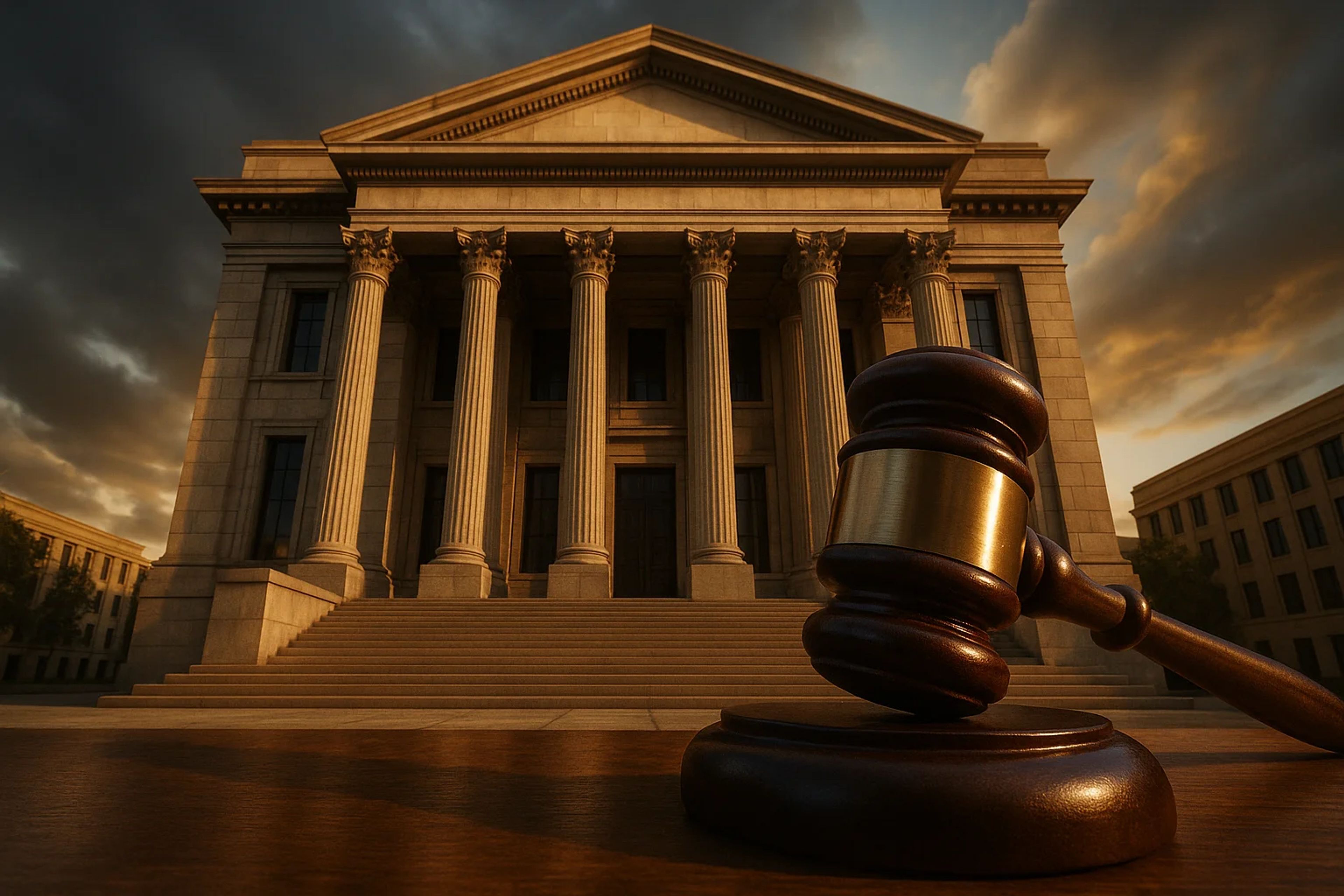 A grand courthouse with tall columns at sunset