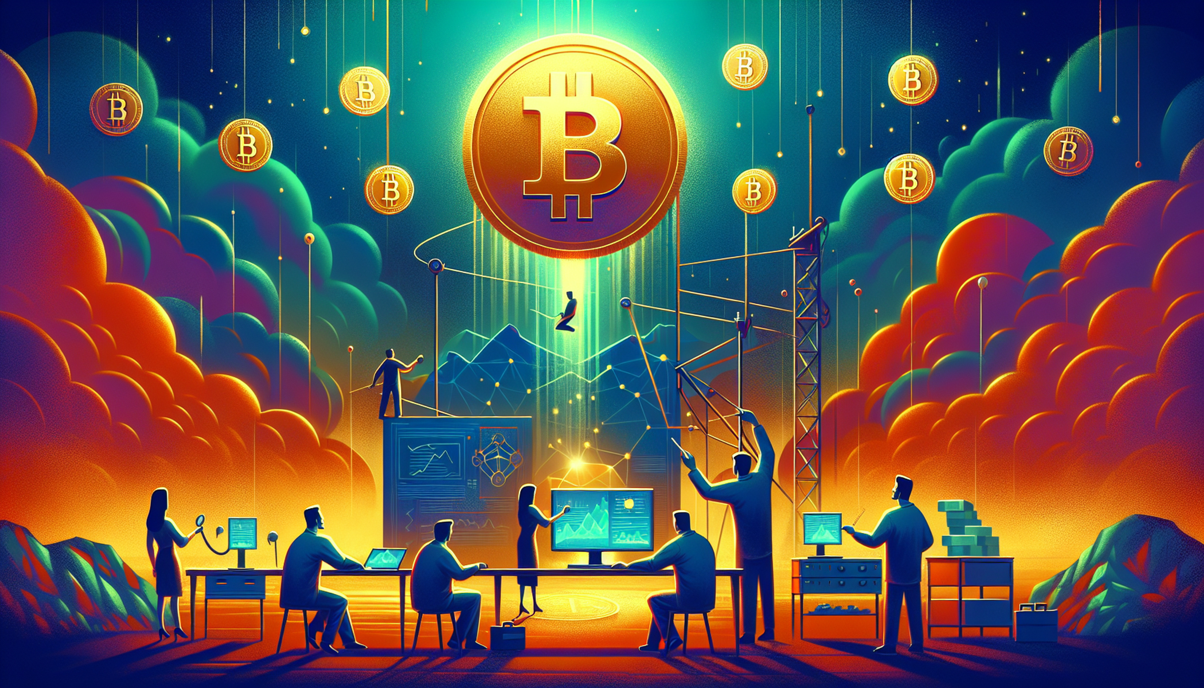 A vibrant digital scene depicting people working