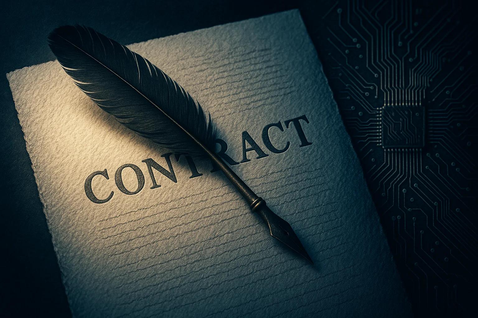 Quill pen resting on a textured contract paper