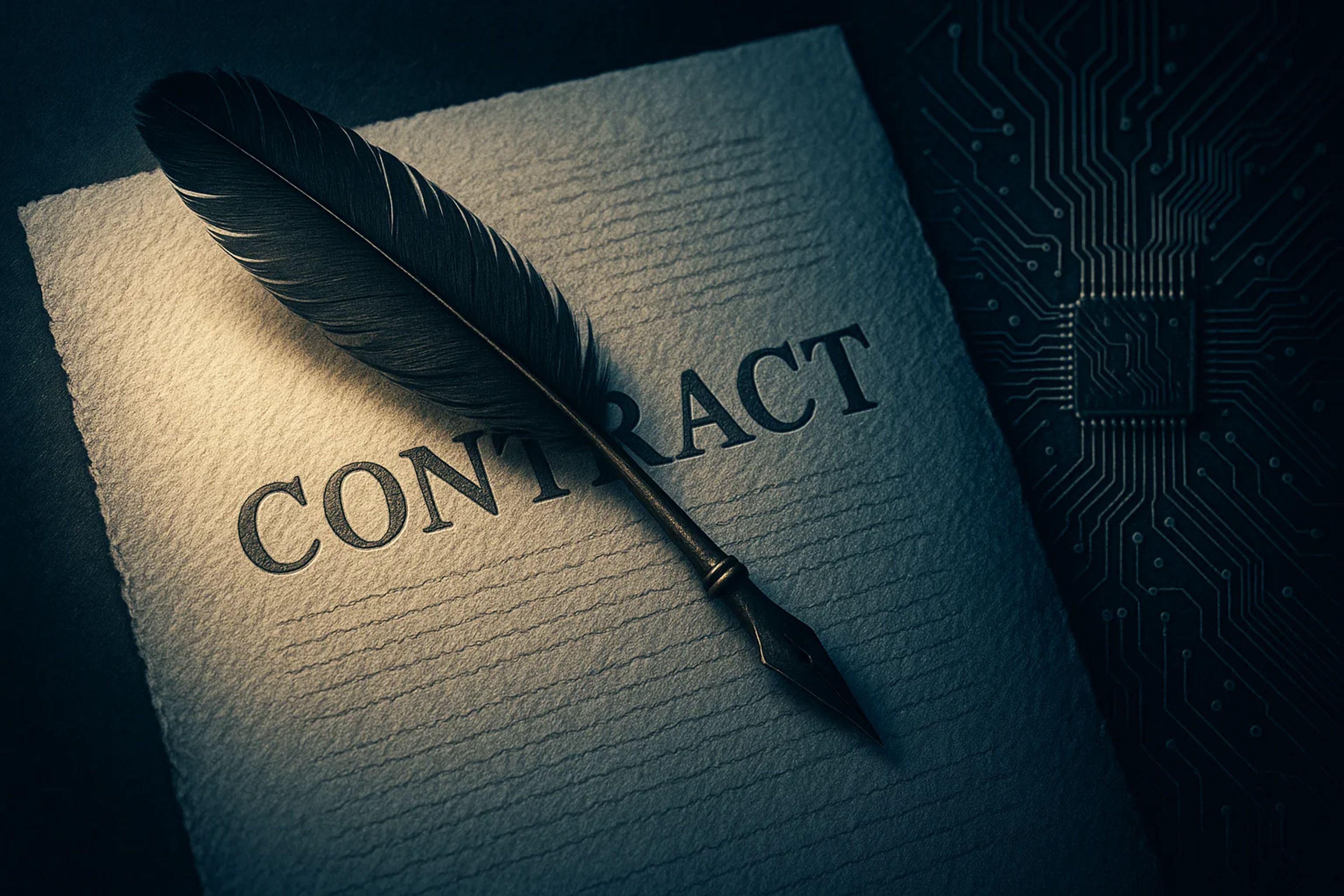 Quill pen resting on a textured contract paper