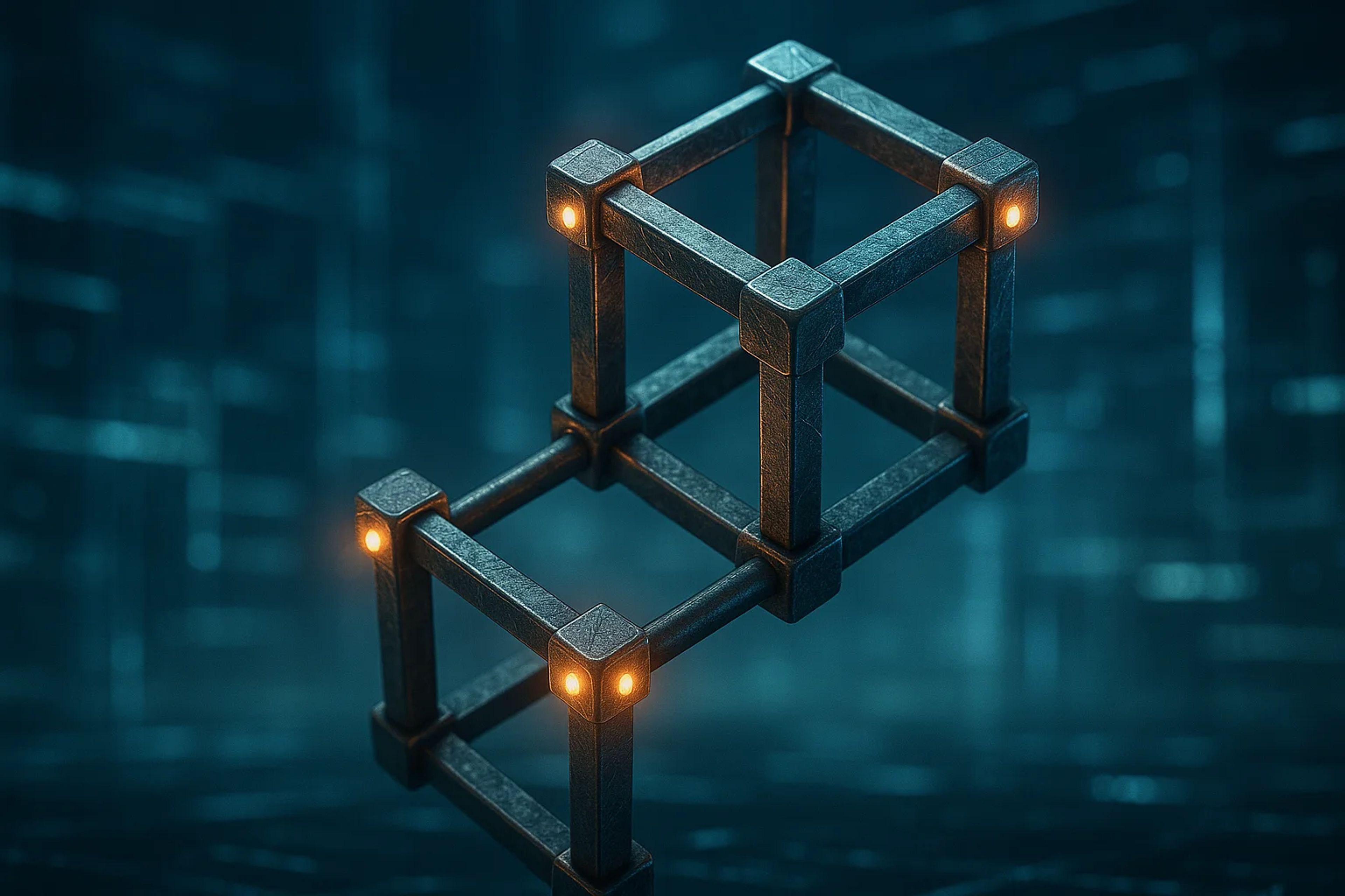 3D geometric structure with glowing orange nodes