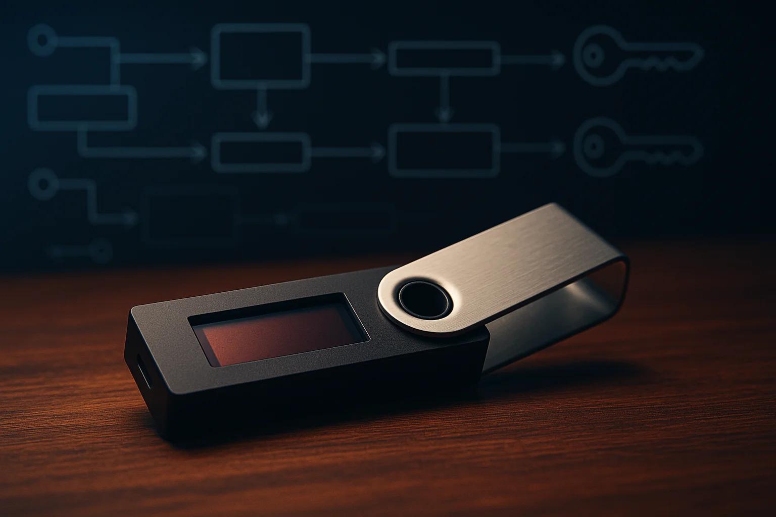 A sleek black hardware device on a wooden surface