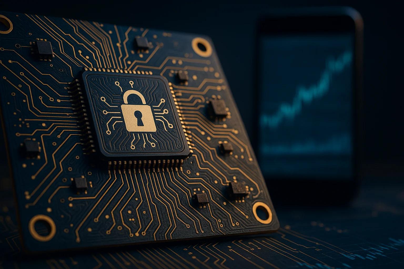 Close-up of a circuit board with a lock symbol