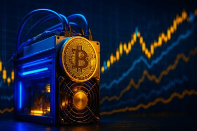 A Bitcoin mining rig with a glowing Bitcoin coin