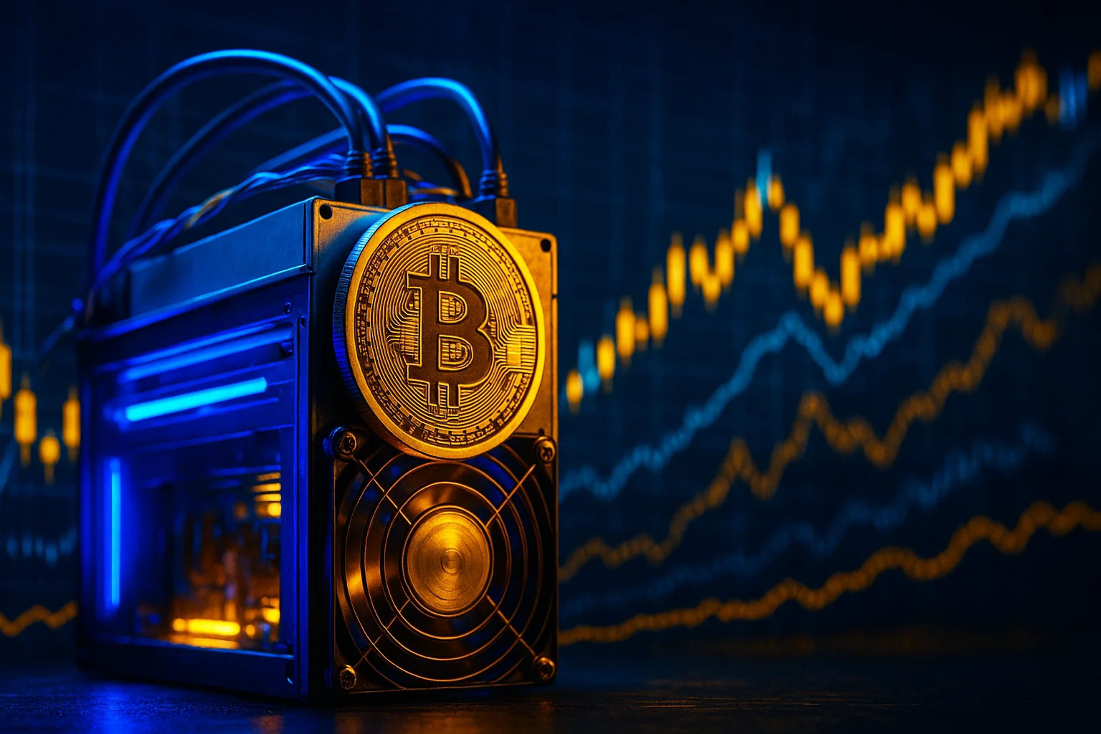 A Bitcoin mining rig with a glowing Bitcoin coin