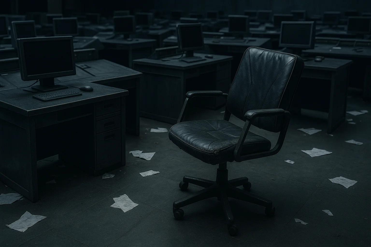 An empty office with dark desks and a single chair