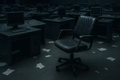 An empty office with dark desks and a single chair