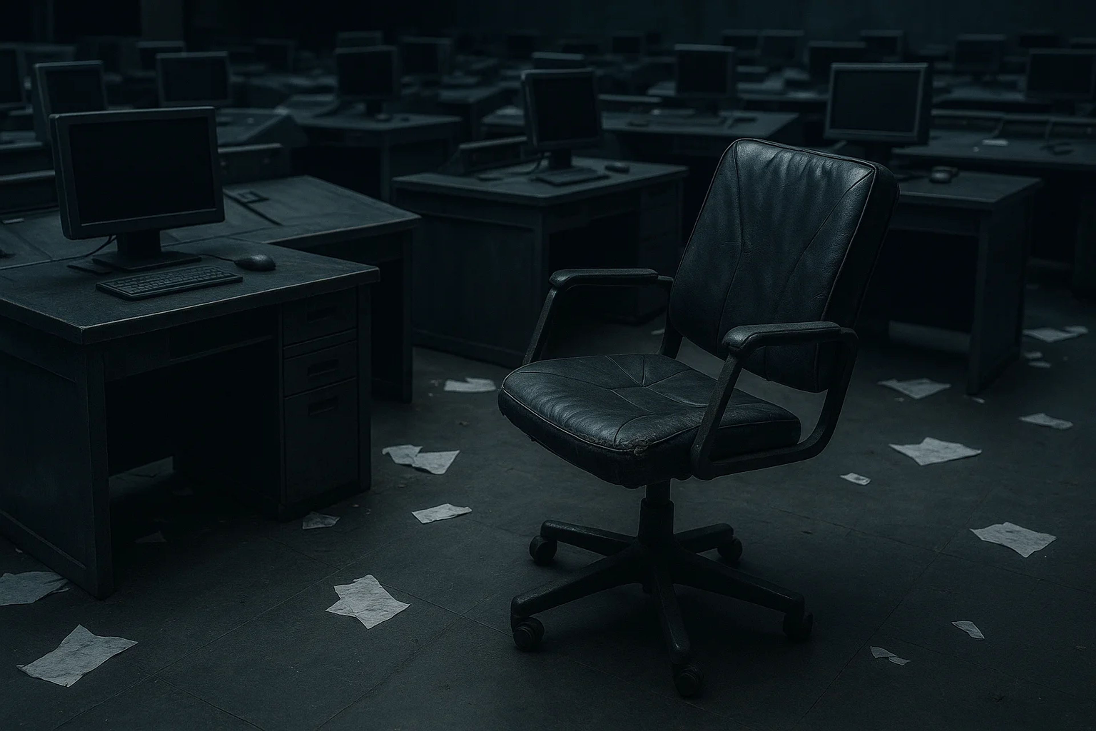 An empty office with dark desks and a single chair