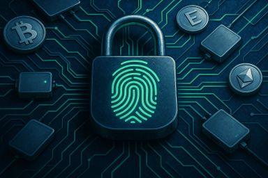 A padlock with a green fingerprint on a circuit