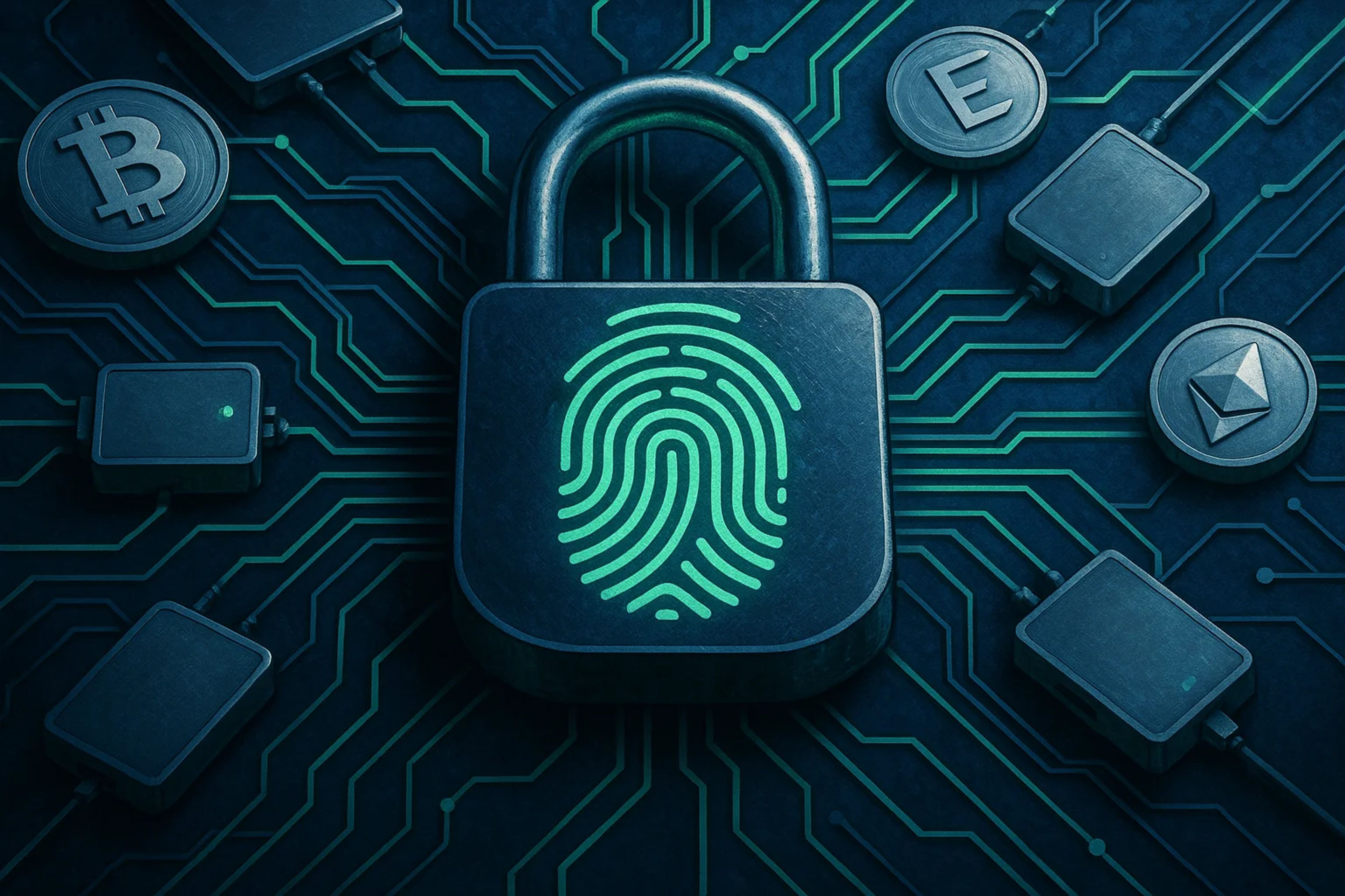 A padlock with a green fingerprint on a circuit