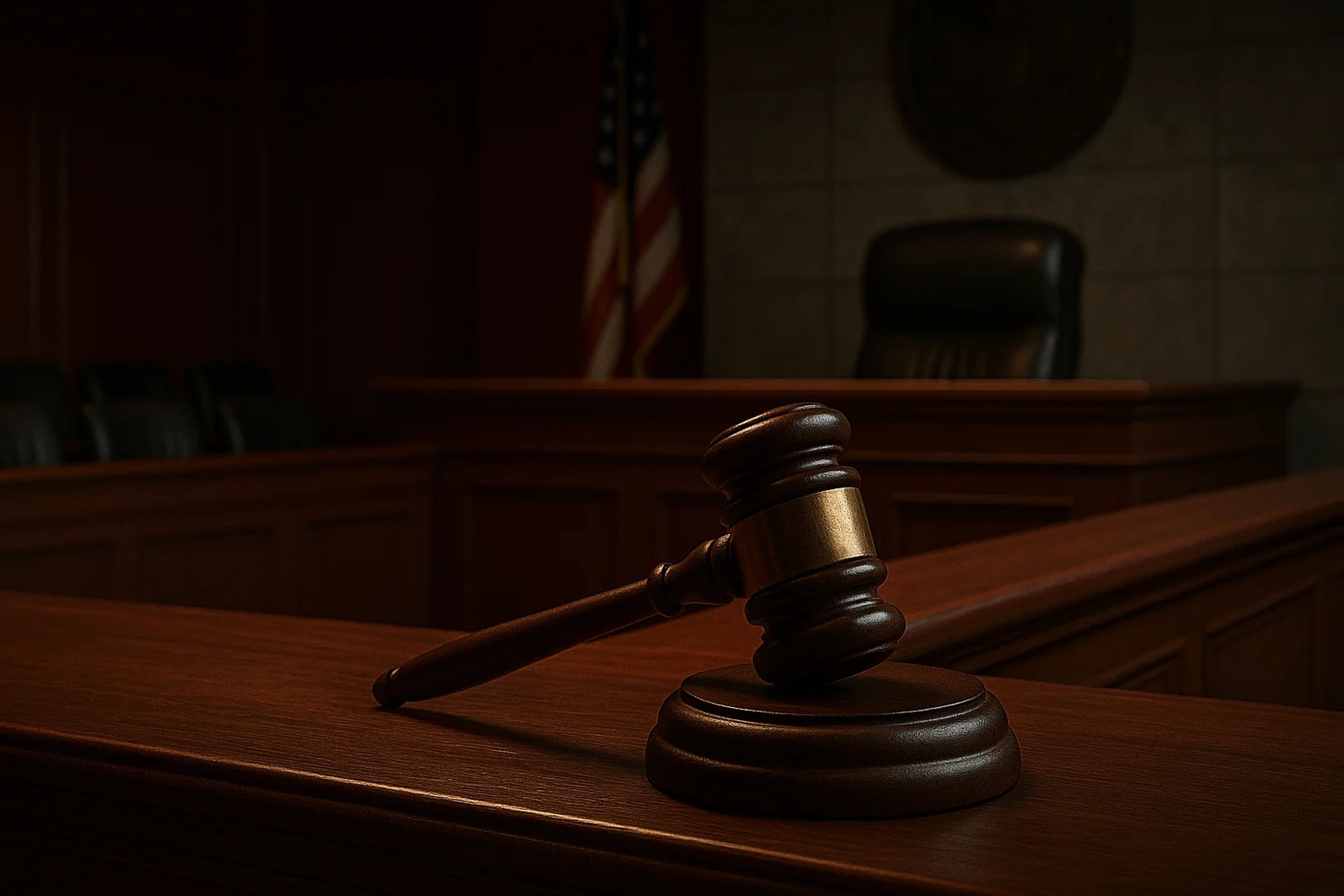 Wooden gavel resting on a courtroom bench