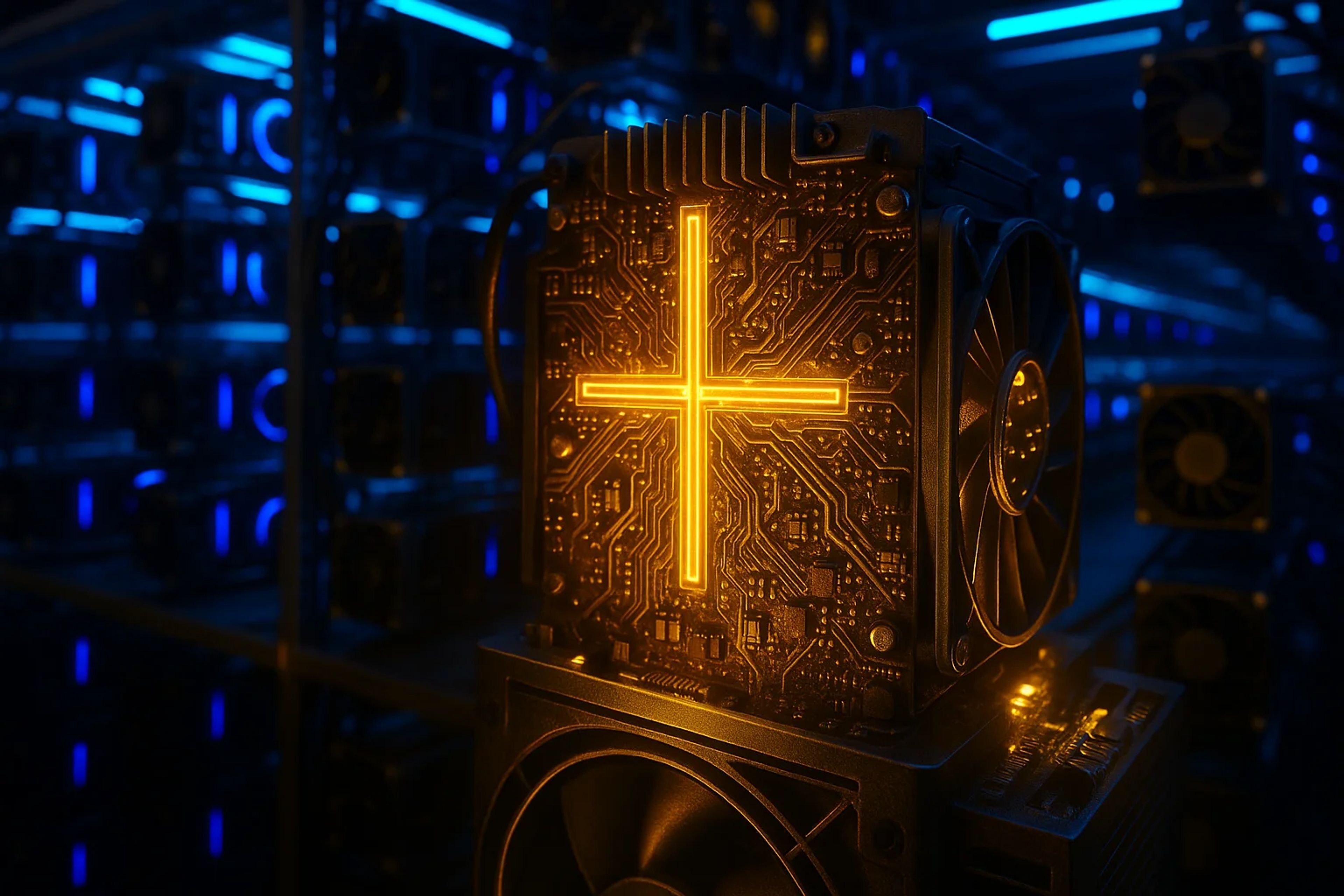 A glowing orange circuit board with a cross design