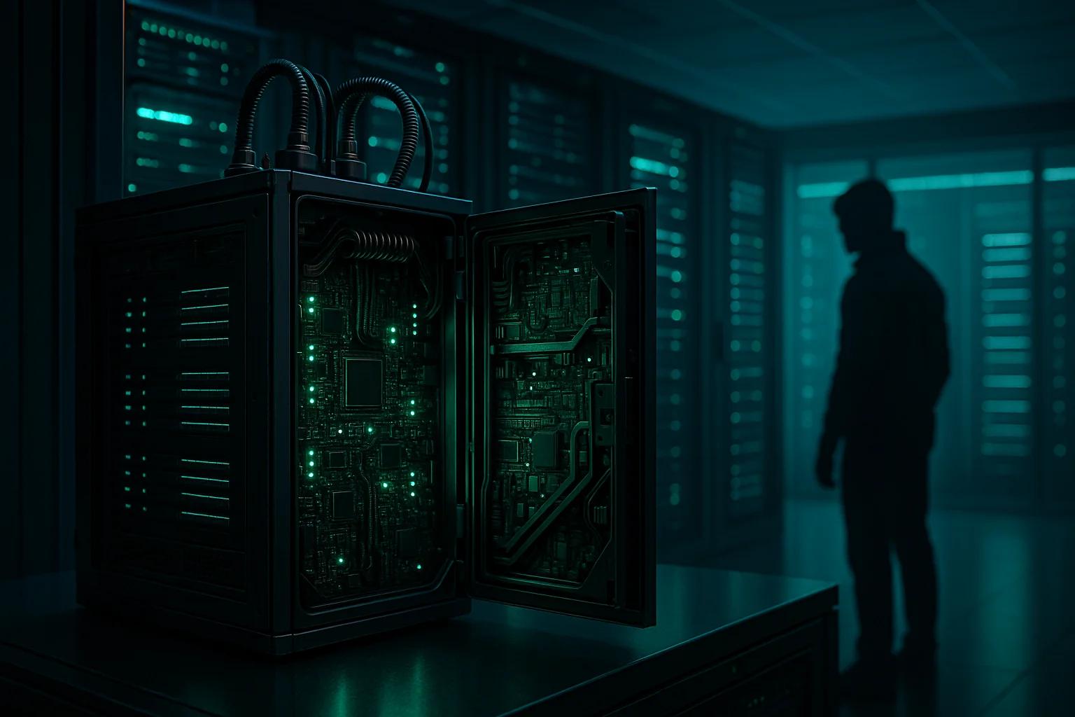 A dark server room with glowing green circuitry