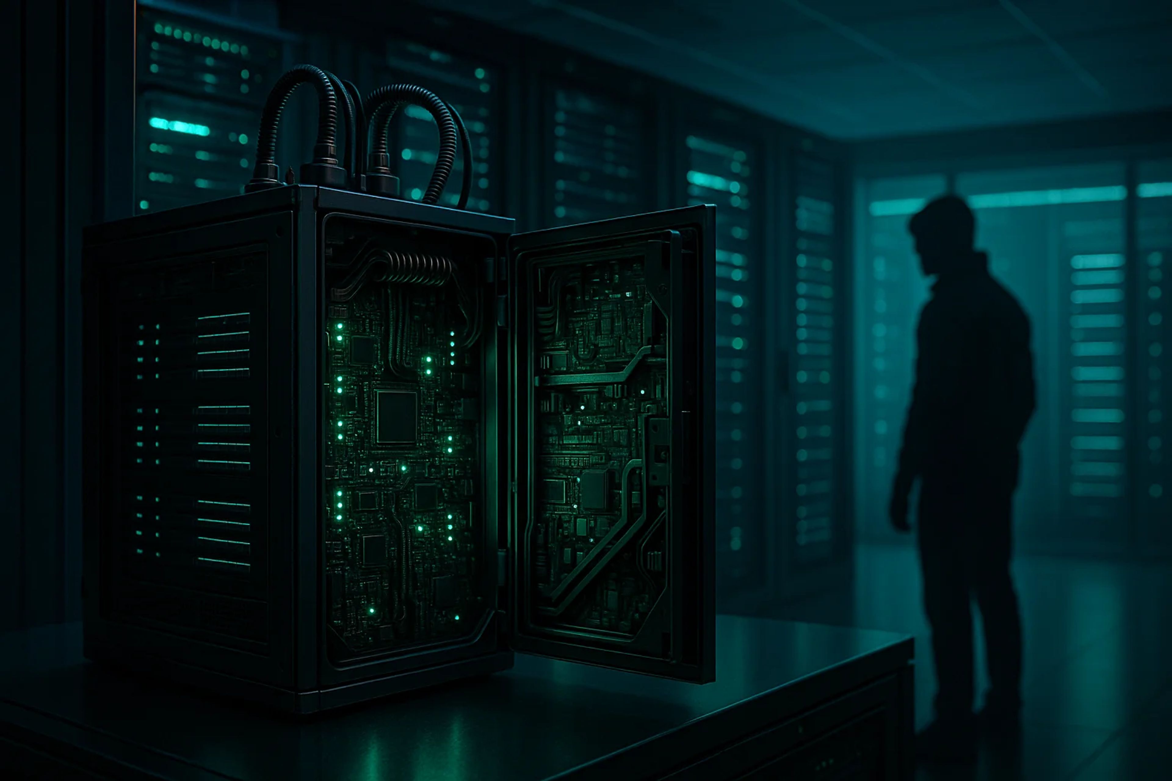 A dark server room with glowing green circuitry