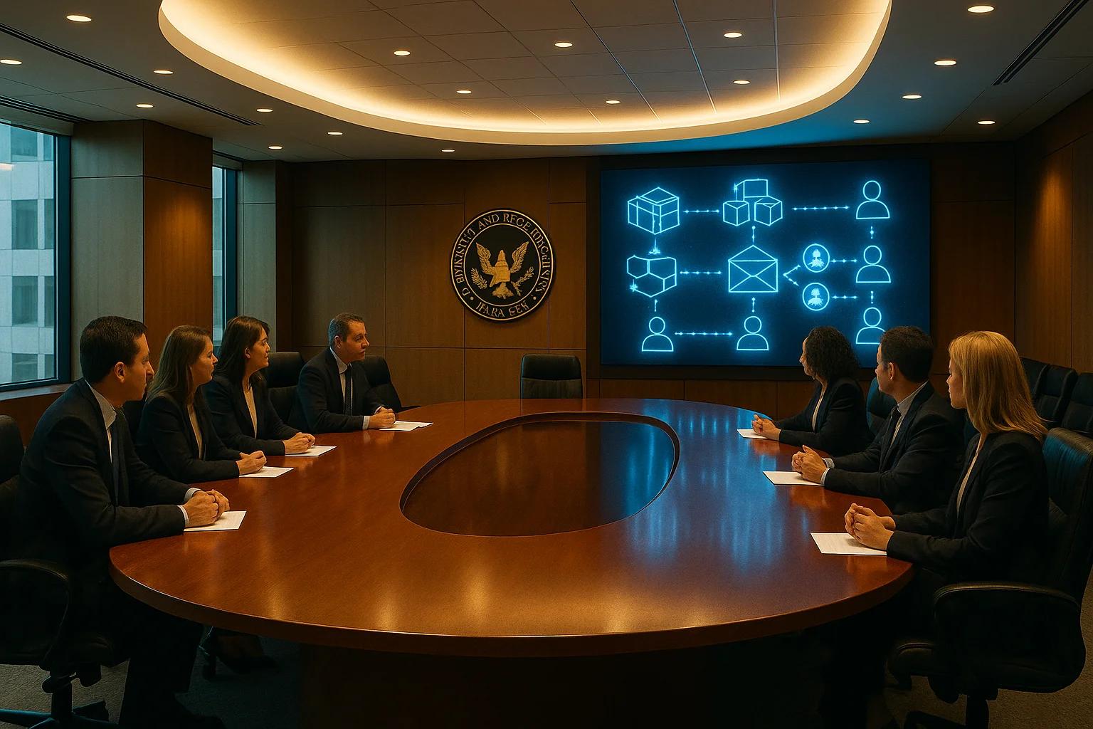A conference room with a large wooden table and