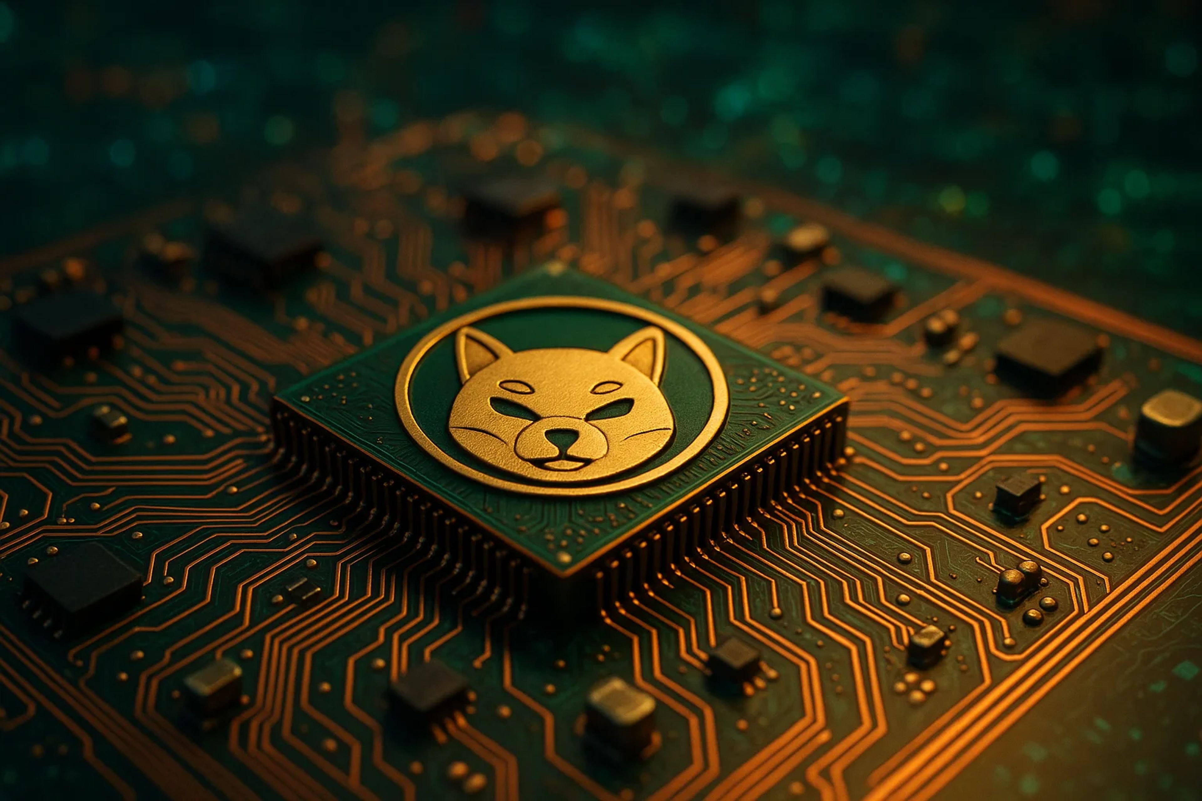 Close-up of a gold emblem on a circuit board