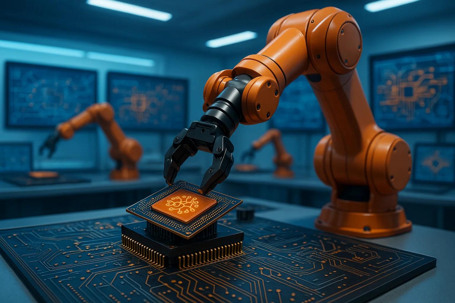 An orange robotic arm handling a microchip on a