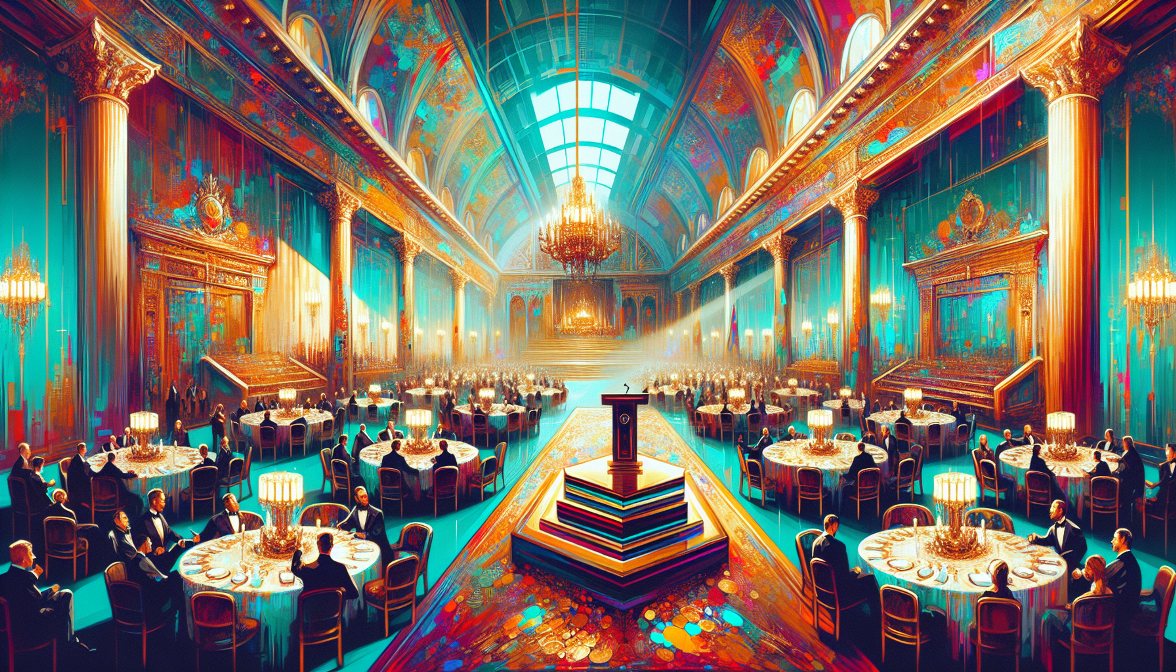 Opulent banquet hall with grand chandeliers