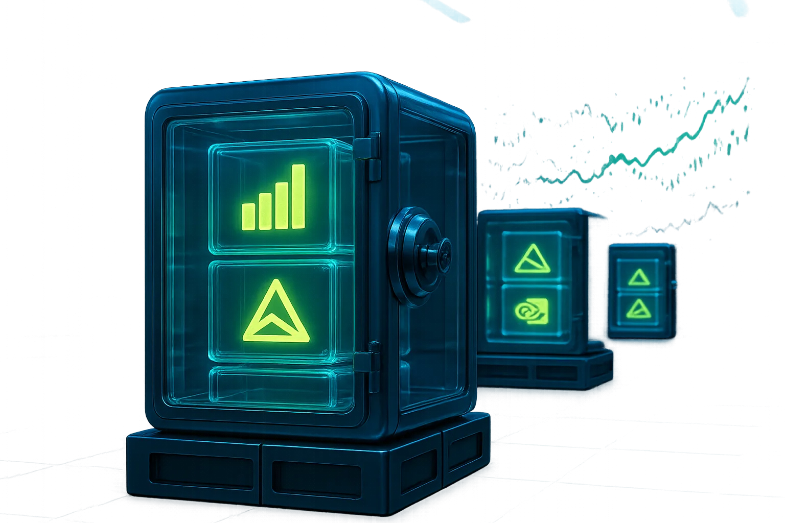 Glowing digital containers with icons in blue