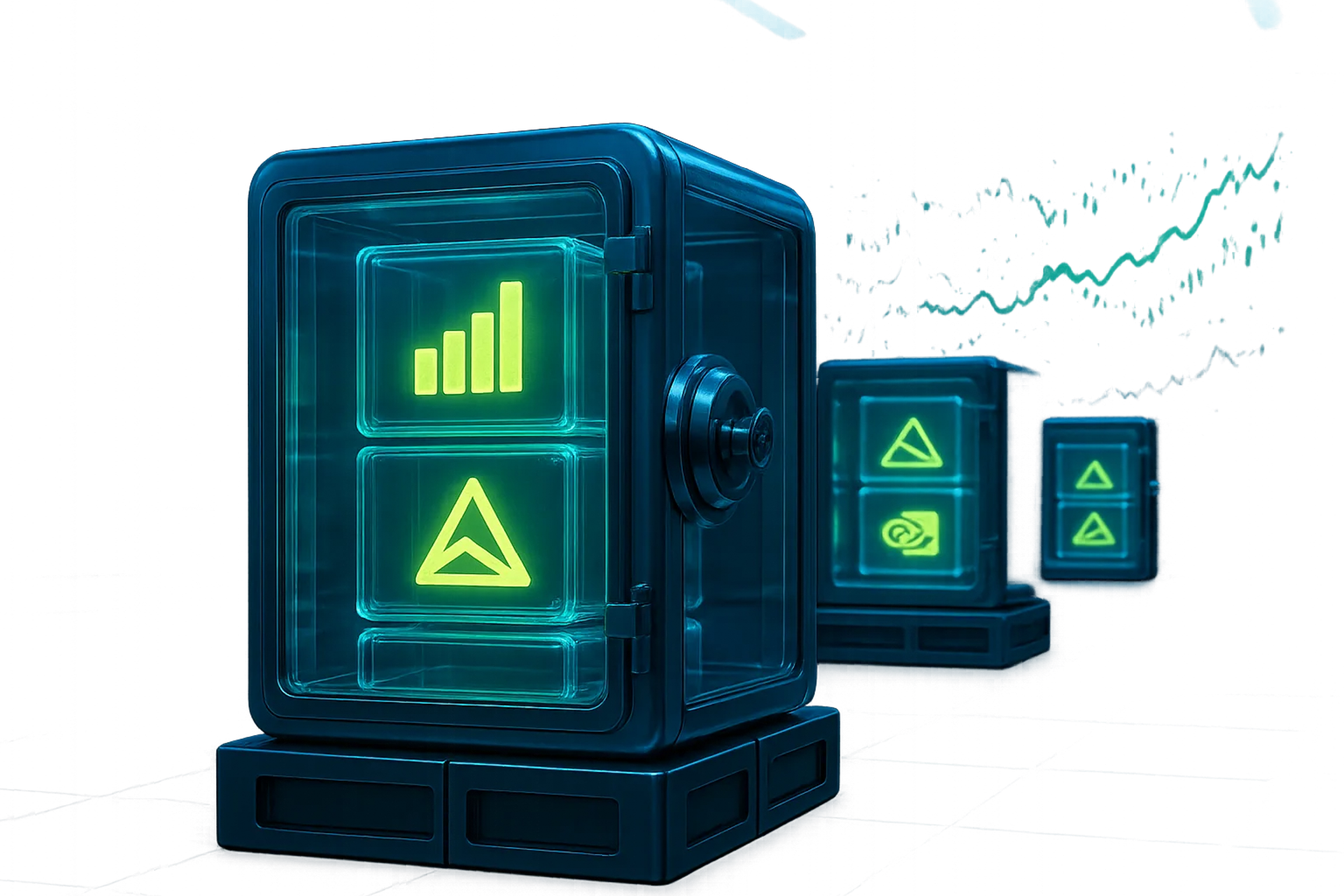 Glowing digital containers with icons in blue