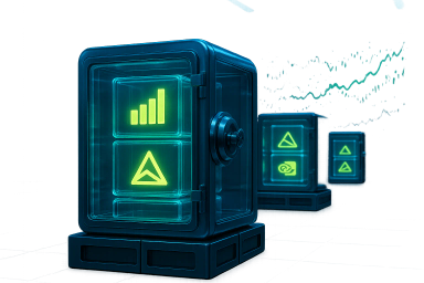 Glowing digital containers with icons in blue