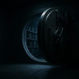 A large, open vault door in a dimly lit room