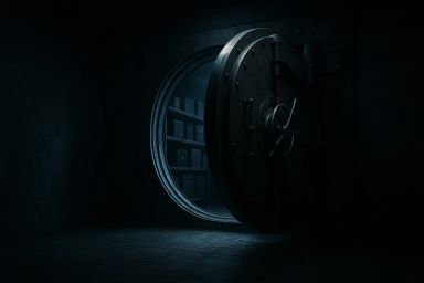 A large, open vault door in a dimly lit room