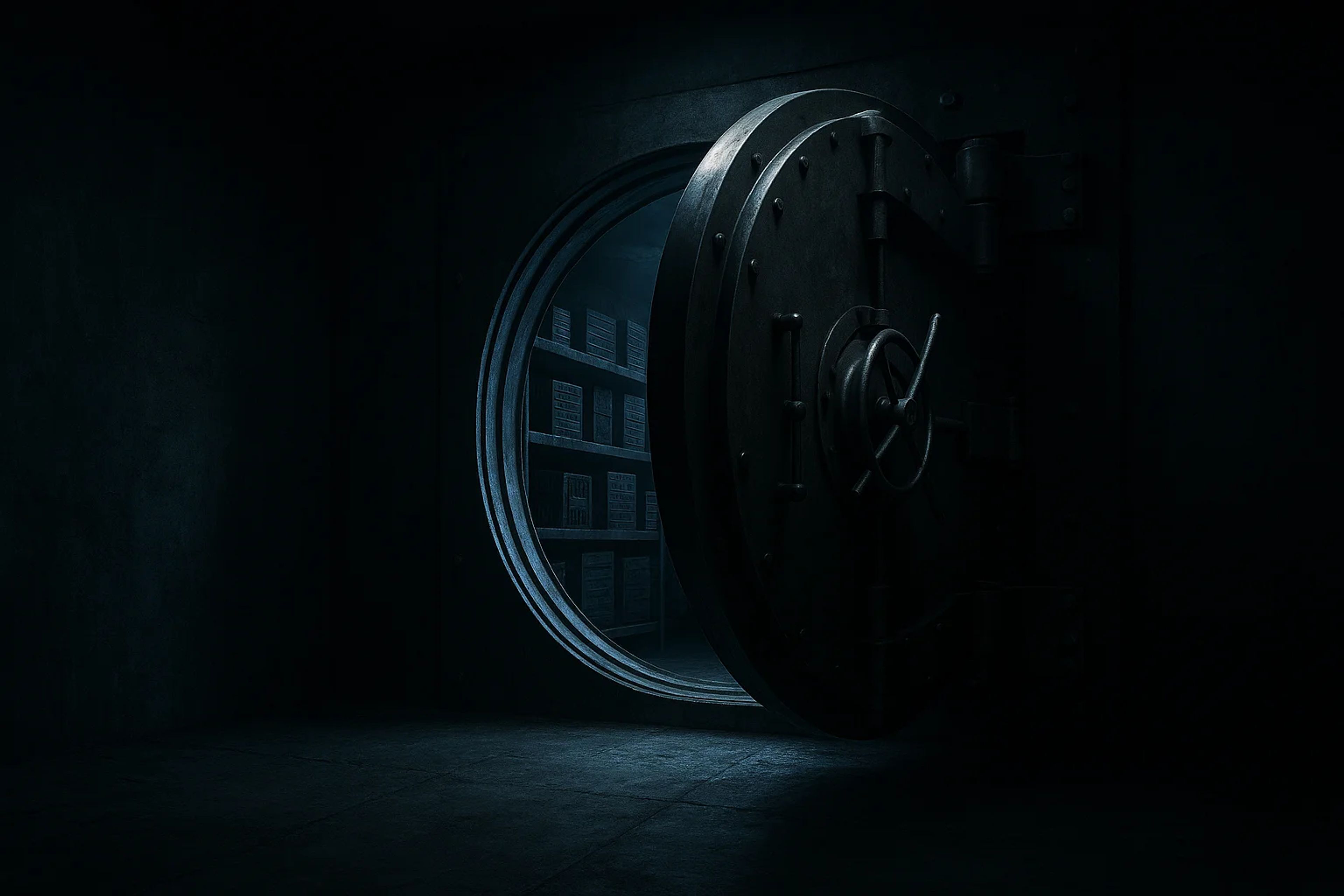 A large, open vault door in a dimly lit room