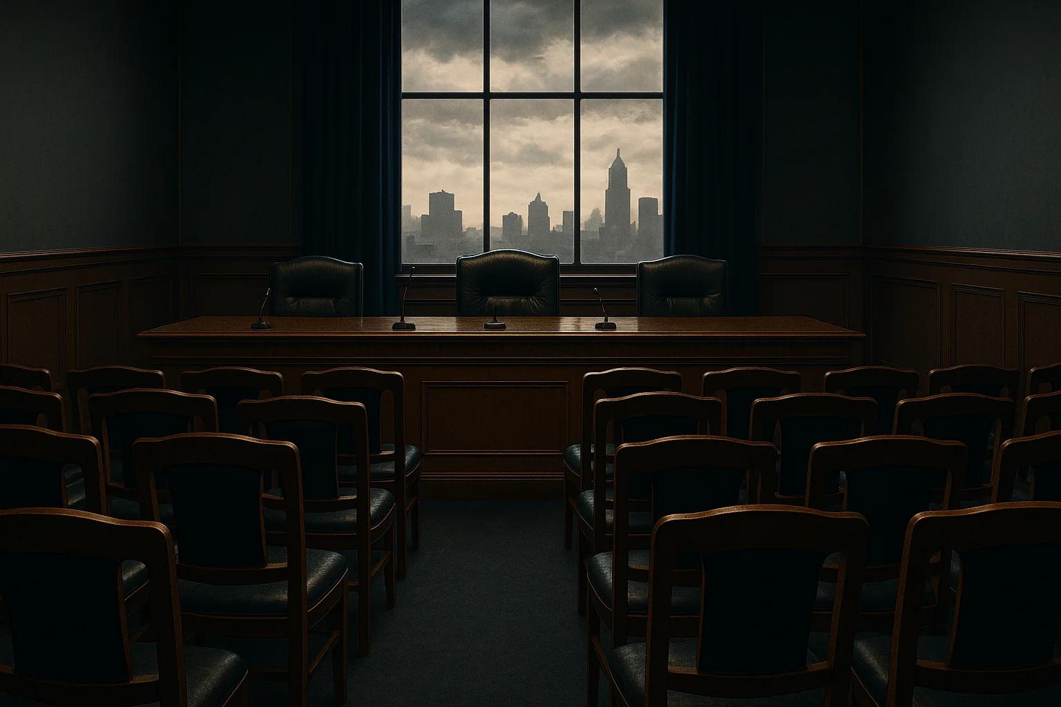 Empty courtroom with chairs facing a table and a