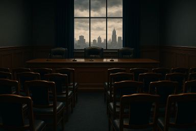Empty courtroom with chairs facing a table and a