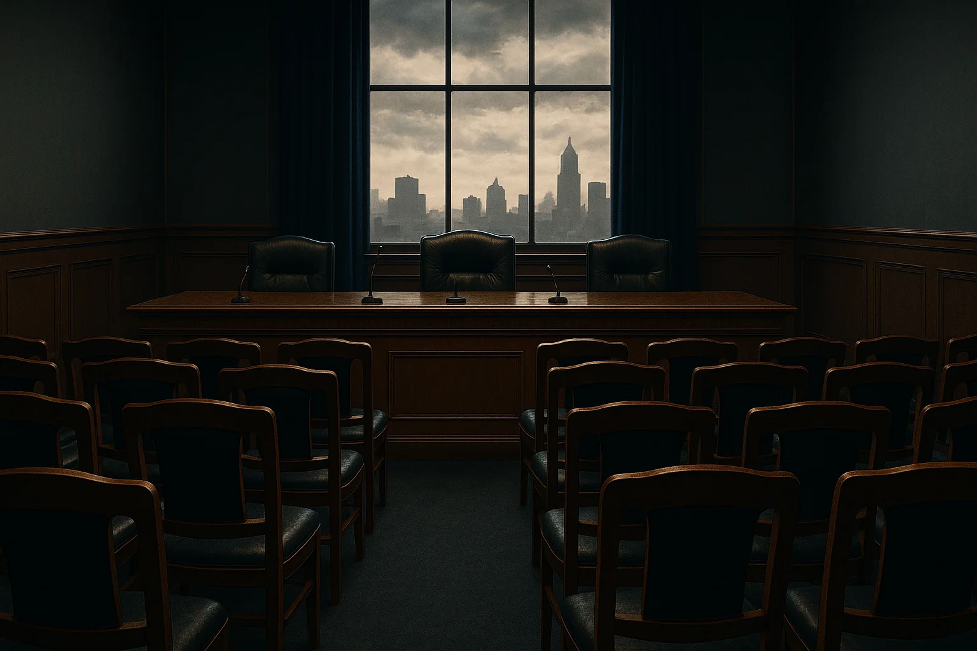 Empty courtroom with chairs facing a table and a