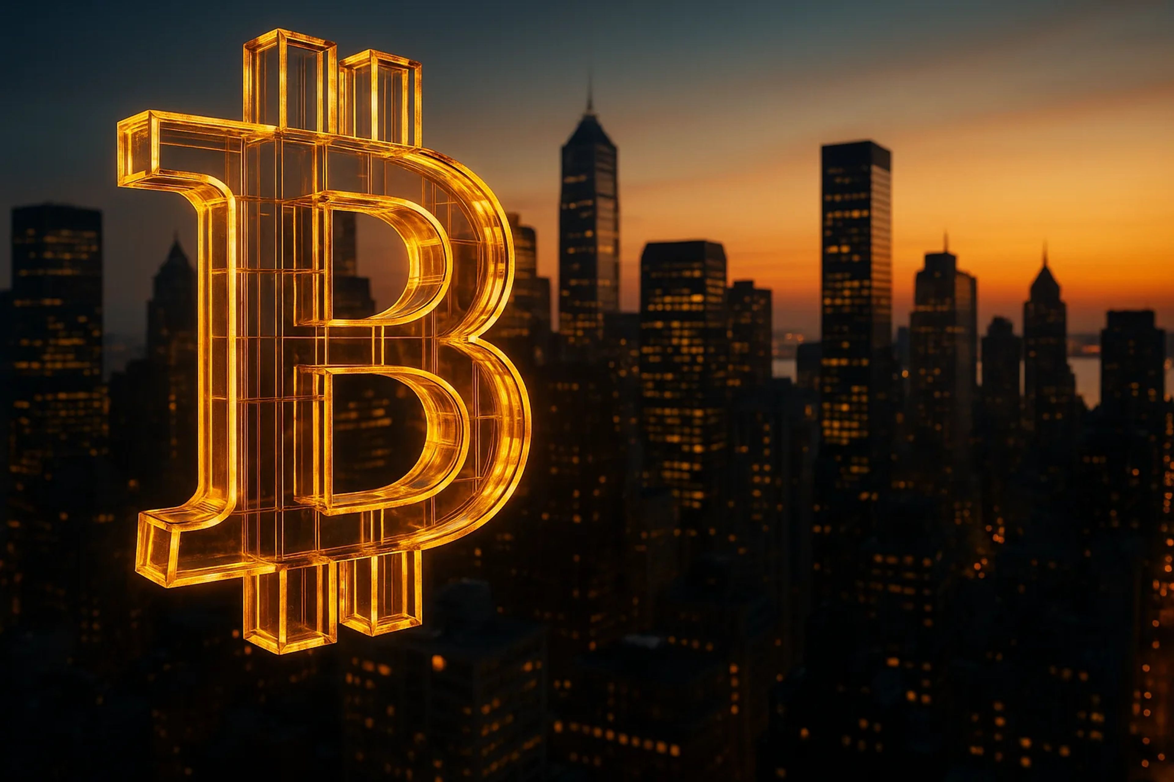 Glowing Bitcoin symbol against a city skyline at