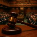 A wooden gavel rests on a desk in a legislative