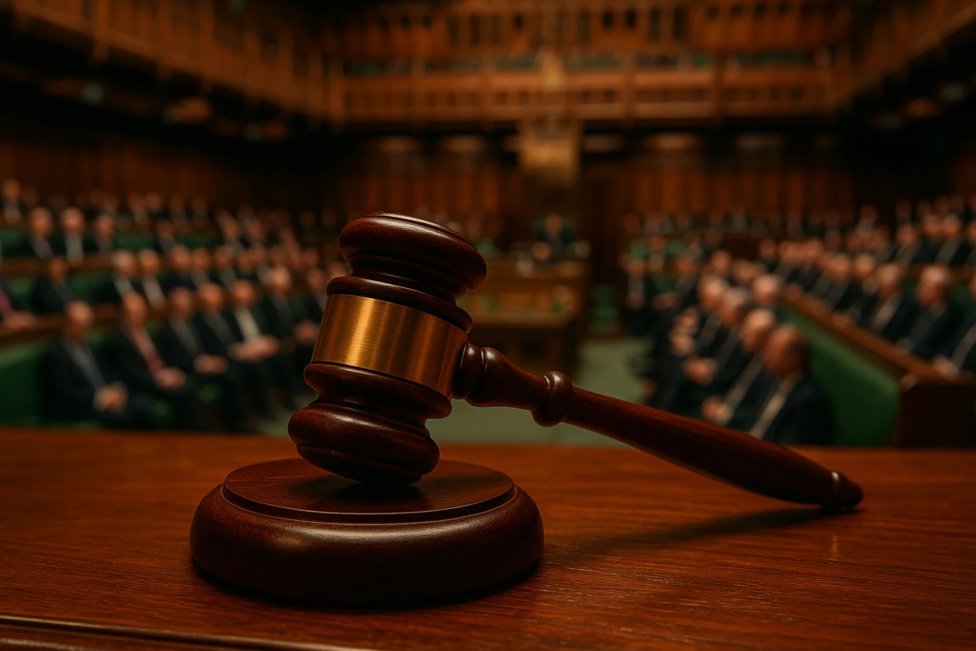A wooden gavel rests on a desk in a legislative
