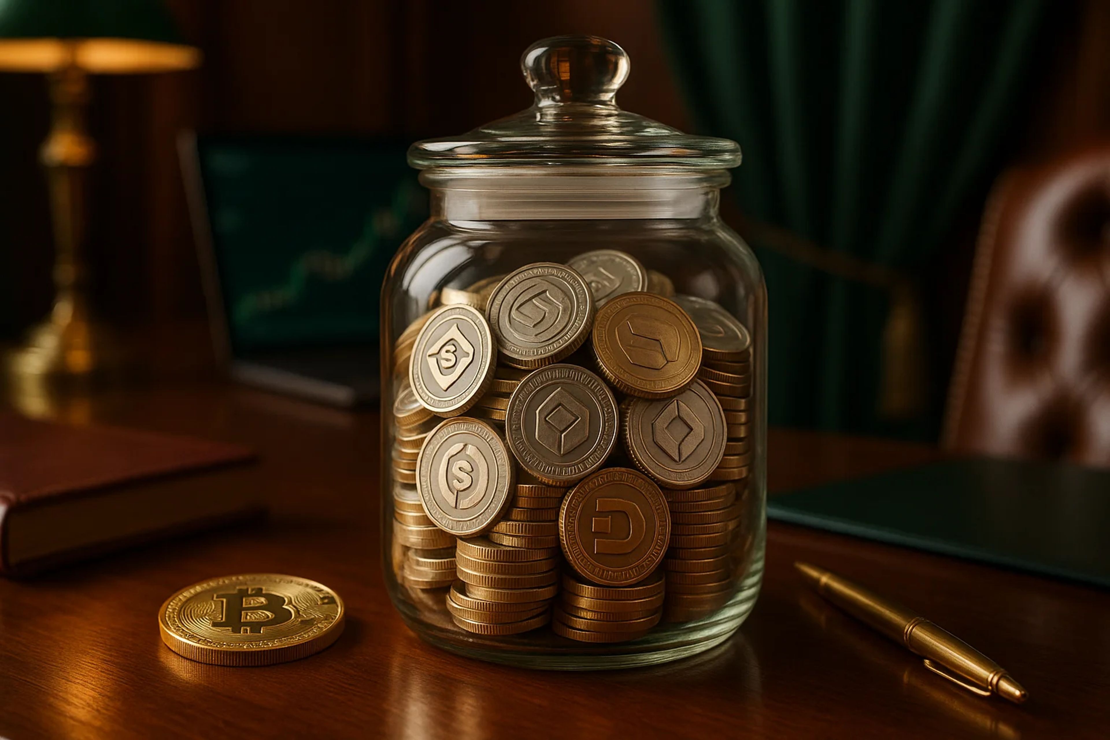 A glass jar filled with various coins on a wooden